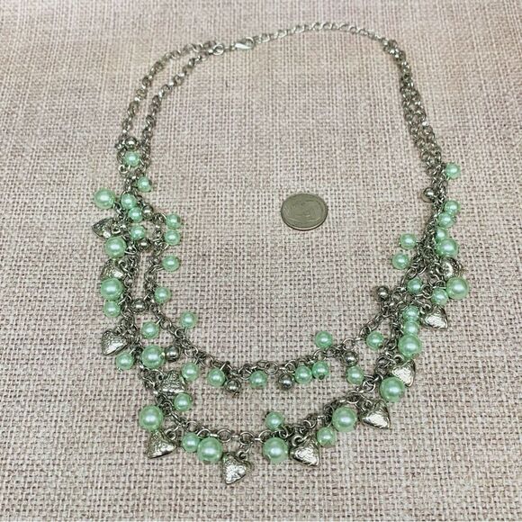 Silver Mint Green Pearl Heart Charm Necklace - Picture 1 of 2